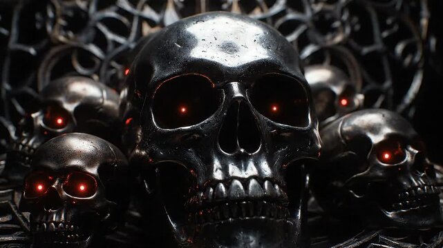 Multiple Metal Skulls with Red Eyes.