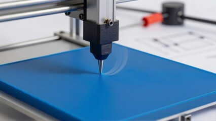 Close up of a 3D printer nozzle engraving lines on a blue surface 3D printing
