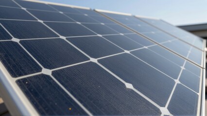 Close up view of dark blue solar panels with white grid lines against a clear sky