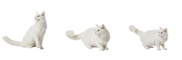 Set of three photos of a beautiful white Turkish Angora cat with blue eyes posing on a white background, domestic cat sequence in different positions.