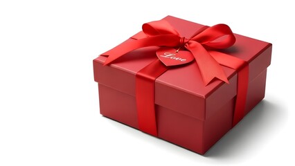 Obraz premium Red gift box with ribbon isolated on white background, Valentine present concept with soft shadow and copy space.