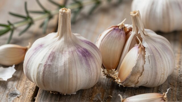 Fresh garlic bulbs and cloves with purple streaks on a rustic wooden surface