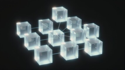 Fototapeta premium Network of translucent cubes connected by glowing lines against a dark backdrop