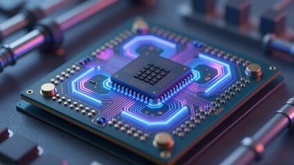 Close up of a central processing unit on a circuit board with glowing neon lines