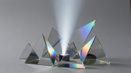 Light beam refracting through a cluster of glass triangular prisms creating rainbow spectrums