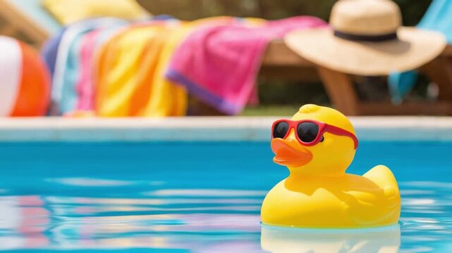 A rubber duck wearing sunglasses floats in a swimming pool, gently moved by the water's ripples.