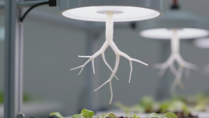 Obraz premium Healthy plant roots suspended under a grow light in a controlled agricultural environment