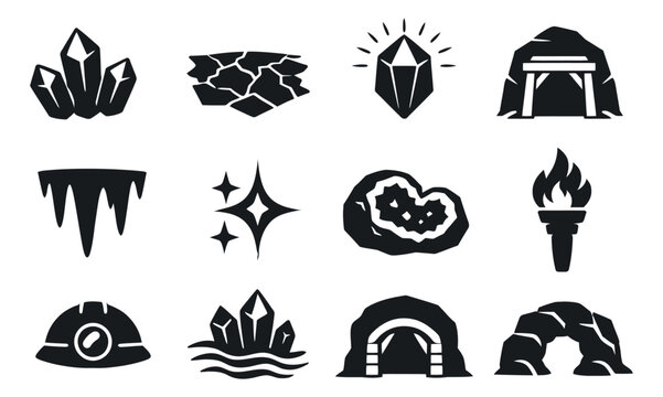 Glyph mining and cave elements icon set featuring crystals, geodes, mine entrances, torches, and helmets for game design and geological themes