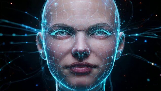 Digital face with wireframe and glowing lines