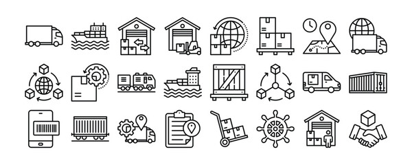 Supply Chain Management icon collection. Containing design management, industry, business, logistics, delivery, technology, supply