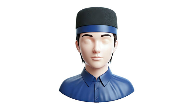 3D render of a faceless young person wearing a black peci hat and blue shirt