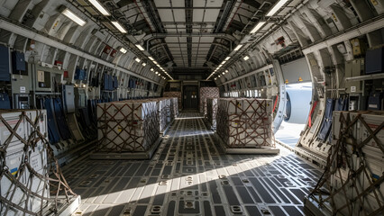 Interior of heavy military transport aircraft with secured cargo pallets ready for tactical mission deployment