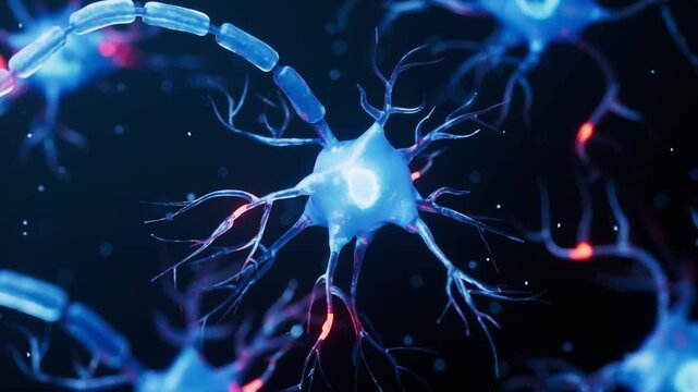 Close up view of blue neurons firing electrical impulses in dark background