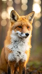 Obraz premium A red fox with white and orange fur sits in a forest