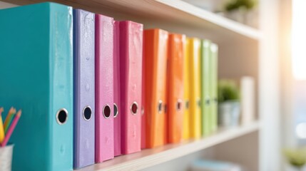 Colorful binders lined up on a shelf in a workspace during daylight hours