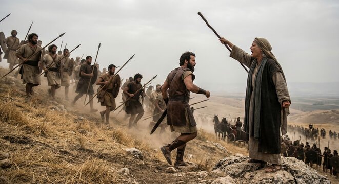 Deborah the Prophetess leads her people in battle during the Old Testament time in ancient Israel