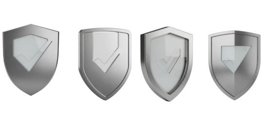 Collection of four realistic silver security shields isolated on a white background.