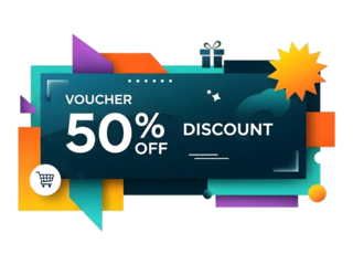 Voucher 50 Percent Discount Banner in Modern Flat Design with Bright Colorful Shapes and White Text for E-commerce Promotion