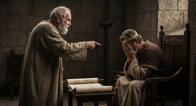 David faces the prophet Nathan after committing sin and shows deep remorse in ancient Israel