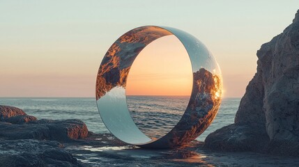 A reflective circular art installation on a rocky coastline at sunset, mirroring the vibrant sky and calm ocean.