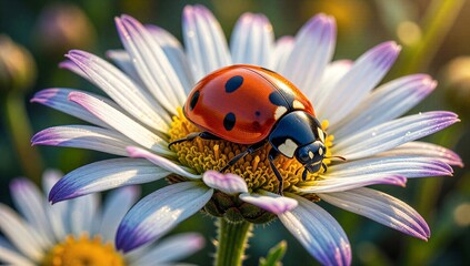 Red ladybug perches on vibrant purple-edged daisy, sunny garden scene.