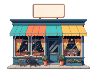 Colorful storefront with awning and outdoor seating in vibrant illustration style for cafe or restaurant branding