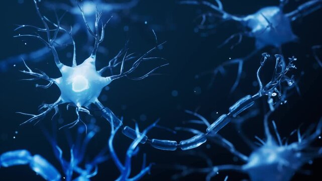 Dynamic visualization of a glowing human neuron cell transmitting signals in blue abstract microscopic background