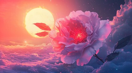 A magical pink flower with a glowing center against a dreamy sunset sky filled with soft clouds and a radiant sun.