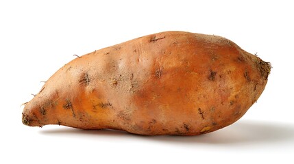 Single fresh sweet potato with rough natural skin texture and subtle soil marks
