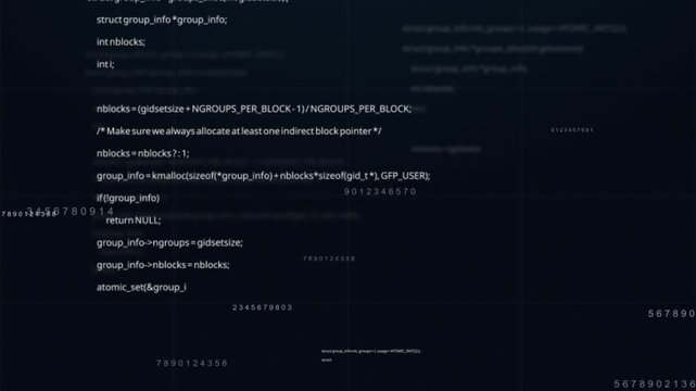 Complex futuristic digital interface with code on dark screen