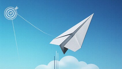 Fototapeta premium Paper airplane soars toward target, symbolizing ambition and precision against clear blue sky.