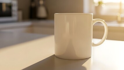 Fototapeta premium A white ceramic mug sits on a kitchen counter bathed in warm morning sunlight, casting a long shadow.