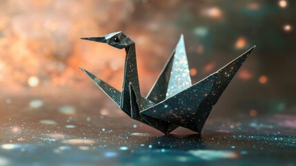 Dark origami crane with starry texture against a cosmic background, reflecting light on a sparkling surface.