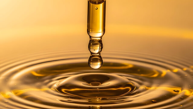 Golden liquid dropping into water creating ripples