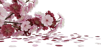 Pink and red cherry blossoms and petals on white