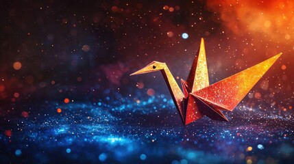 Shimmering golden origami crane floating in a cosmic starry background with warm and cool light.
