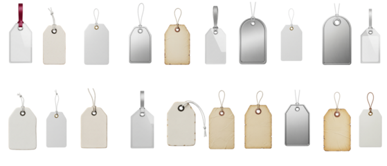 Large collection of blank hanging price tags and labels.