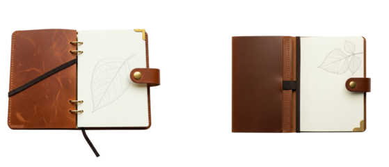 Open and closed views of a brown leather ring binder notebook isolated on a white background.