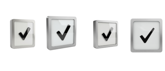 Row of four 3D rendered silver checkboxes with black checkmarks isolated on white.