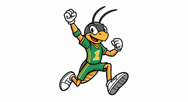 Victorious Cartoon Cockroach Mascot in Green Sports Uniform.