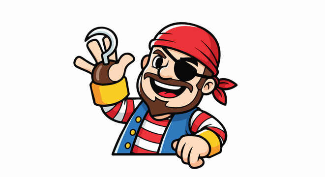 Cartoon Pirate Character with Hook Hand and Eye Patch Illustration.