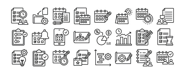 Planning and Organizing icon collection. Containing design office, business, plan, management, schedule, calendar	