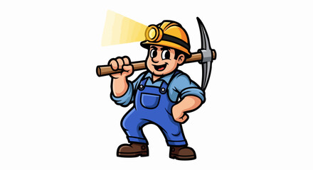 Fototapeta premium Cartoon Miner with Pickaxe and Headlamp Ready for Work.