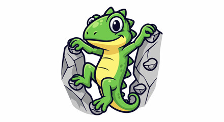 Obraz premium Cartoon green lizard climbing rocks with a happy expression and smile.