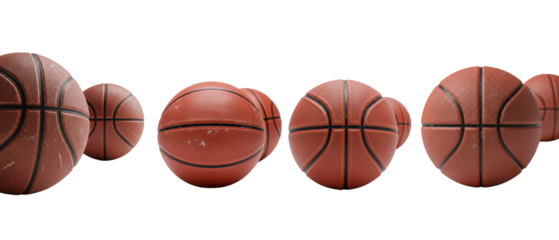 Row of classic orange basketballs isolated on a clean white background.