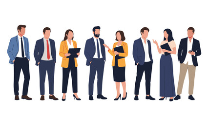 Obraz premium Diverse group of professional business people standing together, including men and women in modern corporate attire.