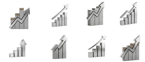 Set of 3D monochrome bar charts with upward arrows symbolizing business growth and success.