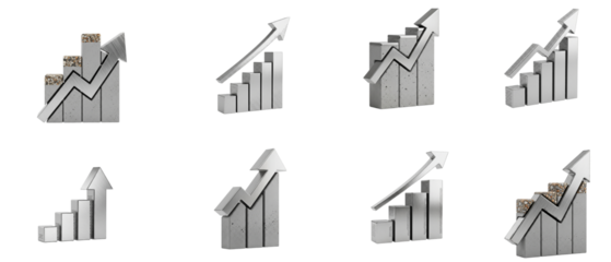 Set of 3D monochrome bar charts with upward arrows symbolizing business growth and success.