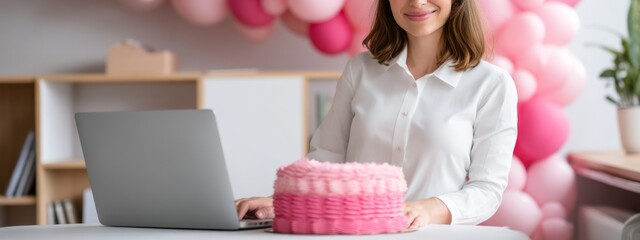 Minimalist Office Celebration for Career Milestone with Cake and Professional Atmosphere