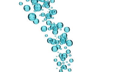 Fototapeta premium Transparent blue water bubbles rising on white background, fizzy carbonated liquid spheres, refreshing aquatic oxygen bubbles PNG